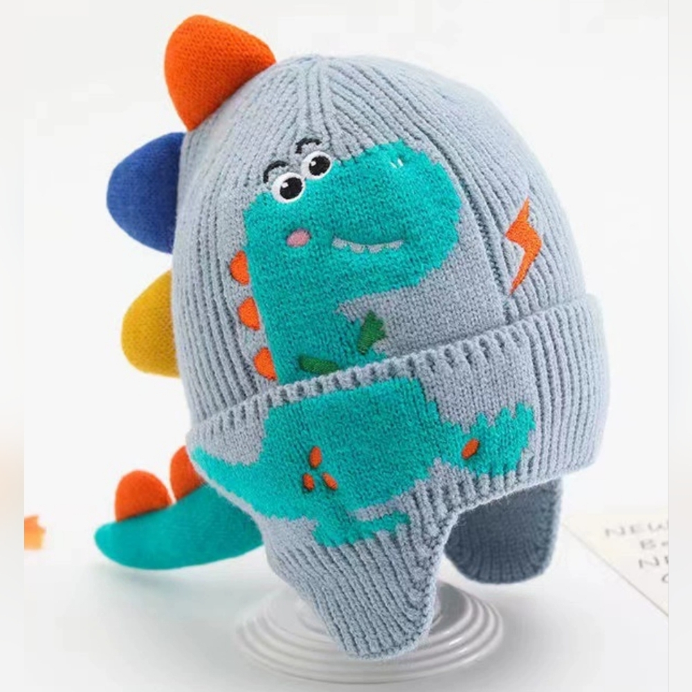 Dino Children 3D Embroidered Dinosaur Knit Hat Beanie Ear Cover Winter Kids Hat